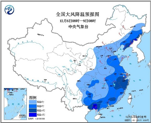 全國大風(fēng)降溫預(yù)報圖（12月6日08時-9日08時）